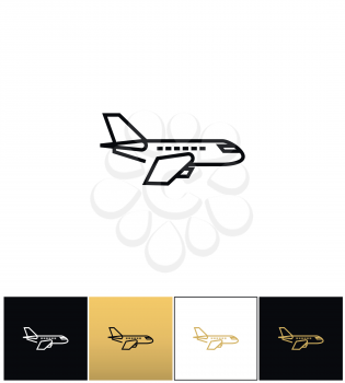 Air plane pictogram, jet or aeroplane vector icons on black, white and gold backgrounds