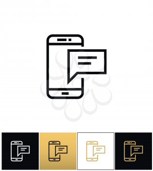 Bubble phone sign or texting message vector icons on black, white and gold backgrounds