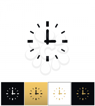 Clock sign or round time vector icons on black, white and gold backgrounds