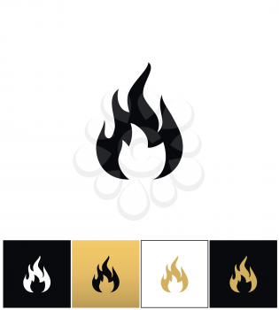 Fire sign, flammable wildfire or hot vector icons on black, white and gold backgrounds