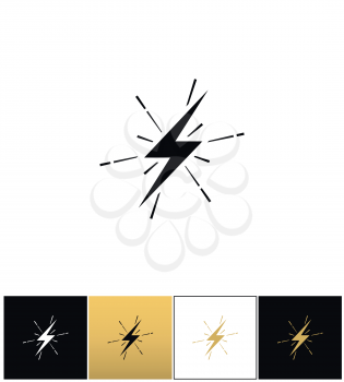 Lightning thunderbolt sign or strike electric bolt vector icons on black, white and gold backgrounds