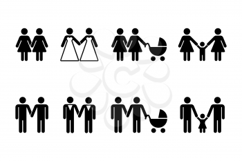 Vector gay family with children icons white. Couple men and women illustration