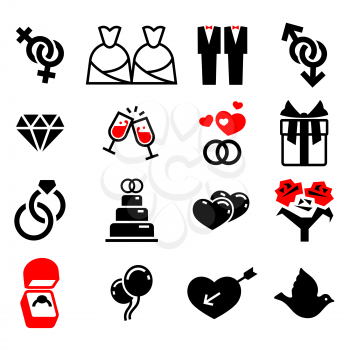 Vector gay wedding icons set white. Gay and lesbian marriage illustration