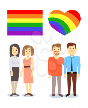 Vector happy gay LGBT pairs with rainbow flag and heart. Homosexual couple love illustration