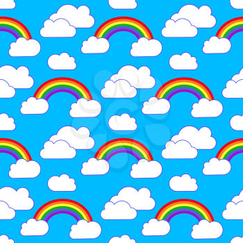 Rainbow and clouds in sky seamless pattern background. Vector illustration