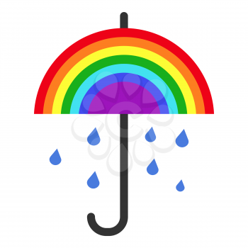Vector rainbow umbrella and falling rain. Rainy nature design illustration