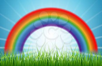 Bright rainbow blue sky with rising sun and green grass. Meadow background with rainbow, vector illustration