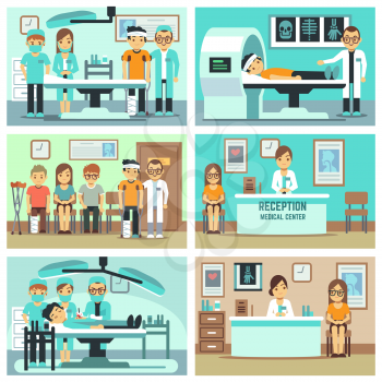 People, patients in hospital, medical staff in office, medical consultation, treatments and examination vector flat concepts. Illustration of medical operation illustration