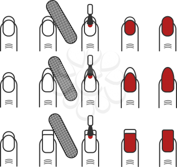 Manicure process vector icons. Different nail styles and shapes almond, square, rounded. Fingernail female care illustration