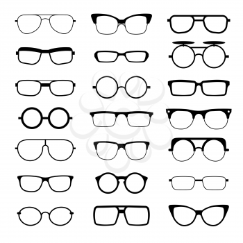 Sunglasses, eyeglasses, geek glasses different model shapes vector silhouettes icons. Fashion assortment eyewear illustration