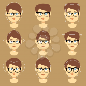 Different glasses shapes suitable for different women faces vector infographic. Form glasses of square oval and triangle illustration