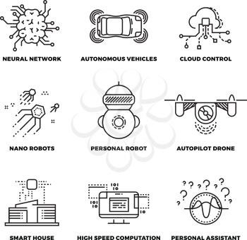 Artificial intelligence ai robot thin line icons. Neural network and autonomous vehicle, cloud control and, autopilot drone. Vector illustration