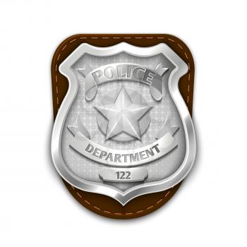 Silver steel police, security badge isolated on white background vector illustration. Emblem for sheriff or policeman