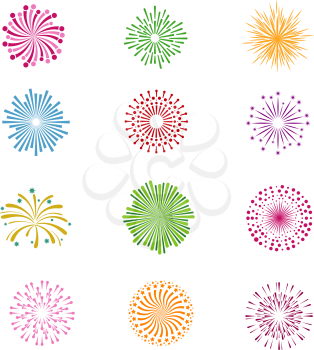 Color holiday party festival firework vector icons. Set of salute with spark for christmas or birthday illustration