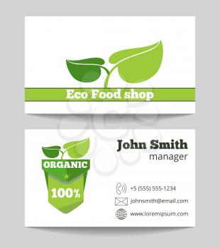 Organic eco food shop business card template. Fresh green market. Vector illustration