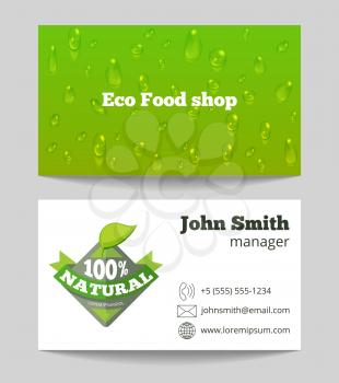 Green organic eco food shop business card. Natural and fresh products. Vector illustration