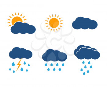 Vector weather icons set. Sun, clouds, rain and lightning in color flat style design illustration