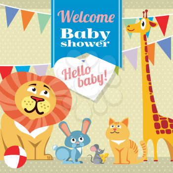 Baby shower celebration greeting invitation card vector template. Rabbit and mouse, cat and giraffe, lion and bunny illustration