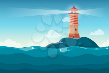 Lighthouse on rock stones island cartoon vector background. Beacon in ocean for navigation illustration