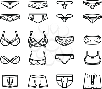 Lingerie womens and mens underwear thin line icons vector set. Illustration of brief and bikini