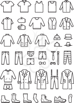 Mens clothing, male fashion line vector icons set. Man cloth, shoes and coat, hat and underwear illustration