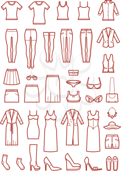 Womens clothing, female fashion line vector icons set. Shirt and shoes, skirt and lingerie illustration