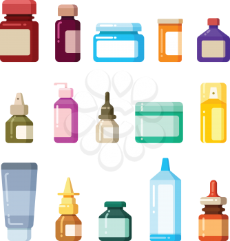 Medicine bottles for drugs, pills and vitamins flat vector icons. Vitamin and antibiotic in glass bottle illustration
