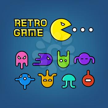 Pac man and ghosts for arcade computer game vector. Set of character retro monster illustration