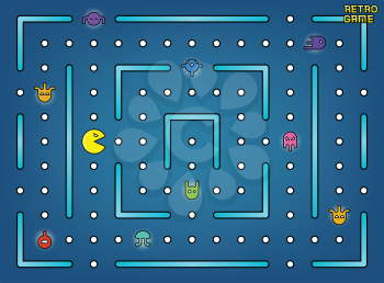 Pacman like video arcade game with ghosts, labyrinth and user interface vector. Retro game with cartoon monster illustration