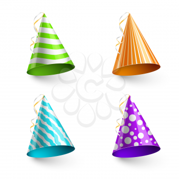 Vector child party hats isolated on transparent checkered background. Hat in form cone for birthday event illustration