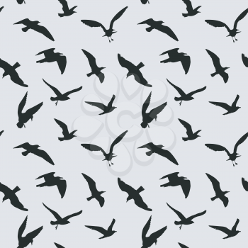 Vector seamless pattern with flying birds. Black raven silhouette illustration