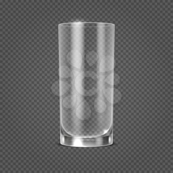 Vector empty realistic drinking glass on transparent checkered background. Clean glassware object illustration