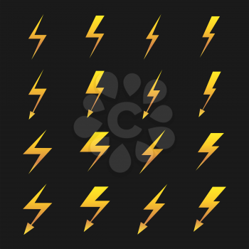Set of yellow lightnings isolated on black background. Vector illustration