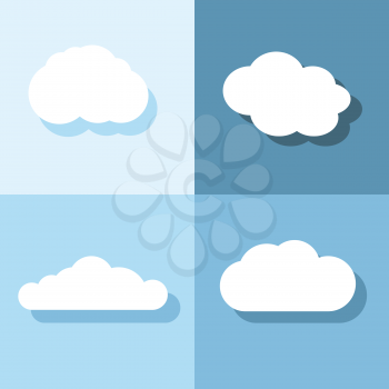 Cloud flat icons with shadow on blue background. Set of clouds. Vector illustration