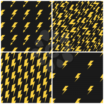 Set of yellow lightnings on black vector seamless patterns illustration