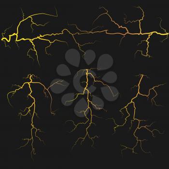 Vector yellow lightnings over black background. Electricity element weather illustration