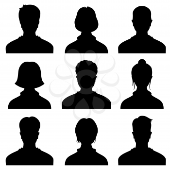 Male and female head silhouettes avatar, profile vector icons, people portraits. Black silhouette photo user person, illustration of profile user woman or man
