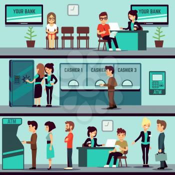 Bank office interior with people, clients and bank clerks vector flat banking concept. Bank office finance with cashier and consulting, bank interior illustration
