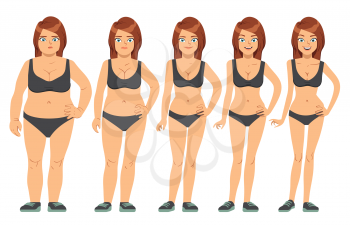 Girl, young woman before and after diet and fitness. Weight loss steps vector illustration. Perfect figure female, illustration of health slim woman figure