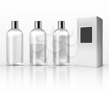Cosmetic clear plastic bottles, empty transparent lotion containers isolated on white vector set. Glass container for lotion or perfume, illustration of bottle with perfume