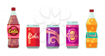 Soft drinks in bottles and cans vector illustration set. Juice and water soda