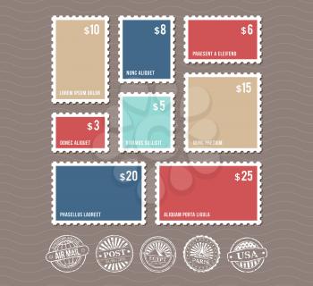 Blank postage stamps in different sizes and vintage postmarks vector. Set of color stamps with price, illustration of rectangular stamp
