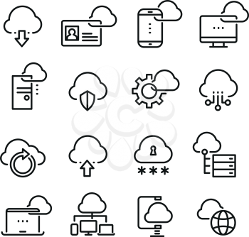 Computer cloud technology, data security, access perfection vector thin line icons. Cloud data on laptop, illustration of virtual data cloud
