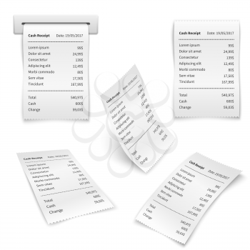 Cash shopping receipt, financial papers isolated vector set. Paper receipt and illustration of finance receipt order