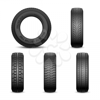 Realistic vector tires with different tread marks Auto black rubber tyre, illustration of car tyre for wheel