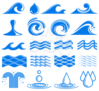 Waves and water vector symbols. Set of water logos wave and fountain, illustration of water element
