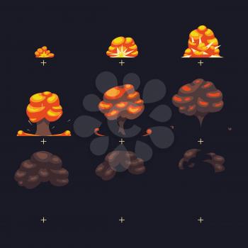 Vector explosion, war game blast fx animation frames sprite. Effect animation from bomb, illustration of cartoon animation explosion