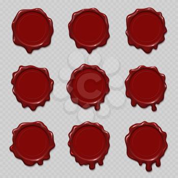 Retro seal wax stamps vector set for certificate and document. Collection of stamp wax, illustration of red stamp label to certificate