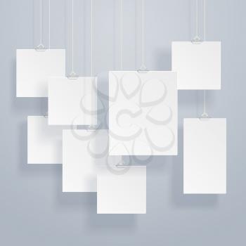 Blank hanging photo frames or poster templates with drop shadows on wall vector set. Exhibition with photography frame border, illustration of presentation hanging portfolio photography