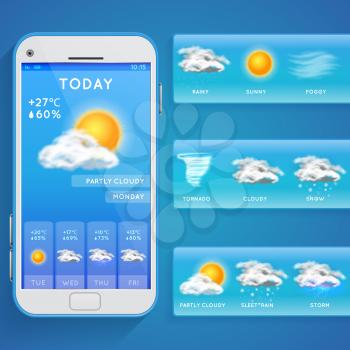 Weather forecast app on smartphone screen and realistic vector icons. Weather app on phone, illustration mobile screen with web forecast weather